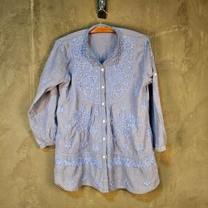 Boho Chambray Embroidered Tunic Top Large Blue Floral Peasant Cottagecore Button